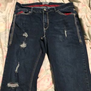 Men pants, red pockets, dark blue on the outside, size 32x32